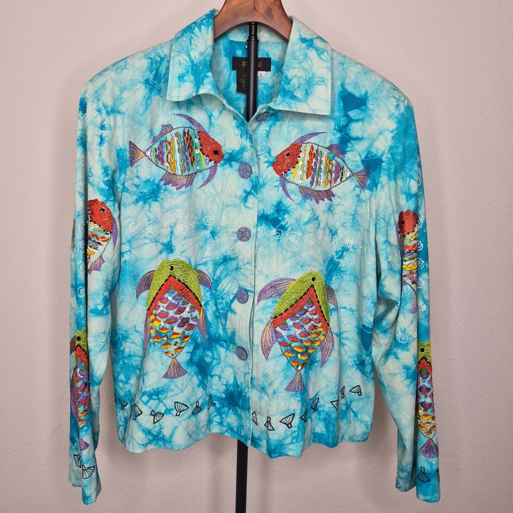 Vintage Bala Bala 100% Silk Tie Dye Embroidered Fish Sequin Jacket Art to Wear L